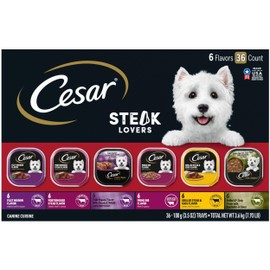 Cesar Wet Dog Food Steak Lovers Variety Pack with Real Meat, 3.5 oz. Trays (36 Count, Pack of 1)