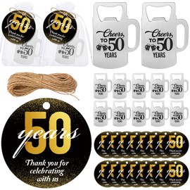 Havawish 25 Sets 50th Birthday Favors for Guests Beer Shape Bottle Openers Cheers to 50 Years Bottle Opener with Thank You Card Organza Bags and Hemp Rope 50th Anniversary Party Favors for Guests