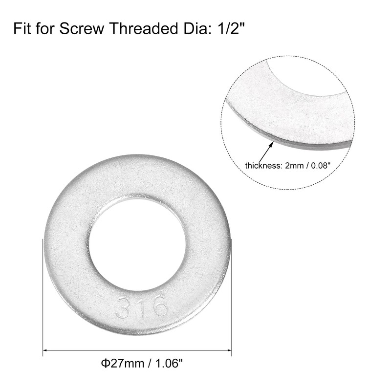 sourcing map 1/2" 316 Stainless Steel Flat Washer for Screw