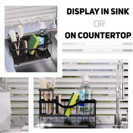 KORZMA Small Kitchen Sink Caddy Organizer and sponge holder with Suction Cups for Sponge, Brush, Soap Dispenser. Stainless Steel, Minimalist Black, for Sink or Countertop