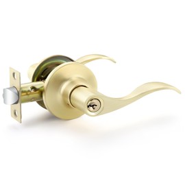 3 Pack Keyed Alike Door Handles, Satin Brass Wave Door Knobs, Interior Door Lever for Bedroom or Living Room, Right Handing Door Handles, Gold Door Knob with Same Key