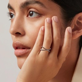 AGRULE Black Crossover Ring Sterling Silver Half Eternity Rings 0.5 Cttw Black Moissanite Criss Cross Ring for Women, Size 10