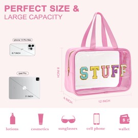 Yowivon Clear Tote Bag Pink Preppy Large Makeup Bag Travel Toiletry Cosmetic Organizer Bag with Handle, Transparent Waterproof Beach Bag Snack Stadium Bags for Women Girls