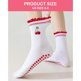 Frstem 6 Pairs Pilates Grip Socks for Women Non-Slip Cherry Yoga Grippy Socks Cute Ruffle Crew Sock Workout Ballet Sticky Sock for Barre Hospital Home
