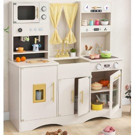 INFANS Kids Kitchen Playset, Cooking Toy Kitchen Set with Coffee Machine Stove Removable Sink Microwave Storage Cabinet, Simulation Wooden Play Kitchen for Toddler Boys Girls