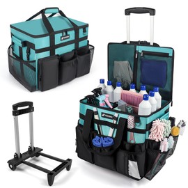 VSHXENG Rolling Cleaning Caddy Bag with Wheels, Large Cleaning Cart Detachable Trolley, Cleaning Bags for Housekeepers With Shoulder Strap & Multi Pockets for Cleaning Tools Storage (Amber Green)