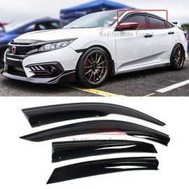 S.H. Fits for 2016-2021 Honda Civic 4 Door Sedan JDM 3D Wavy Mugen Style Window Visor Rain Guard Deflector, Black, 634769009730