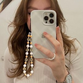 Cosace Phone Charm Crystal Pearl Phone Charms Strap Handmade Aesthetic Keychain Camera Charms for Women PC-PearlCrystal-Yellow