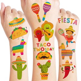 100PCS Mexican Temporary Tattooos, Fiesta Tattoos Stickers, Taco Twosday 2nd Birthday Party Decorations Favors Supplies for Boys Girls Kids, Cinco De Mayo Party Festival