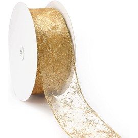 LATERN 20M Organza Ribbon, 6.3cm Width Snowflake Wired Sheer Glitter Ribbon Shimmer Band Metallic Ribbons Craft Tulle Ribbon for Gift Wrapping Xmas Tree DIY Wreath Christmas Bow Decoration (Gold)