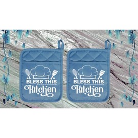 Set of 2 Slate Blue - Bless This Kitchen #2 - Pot Holder - Oven Mitt - Hot Pad - Polyester & Neoprene White Elephant - 9" x 7" - NEO20SLATEDBL