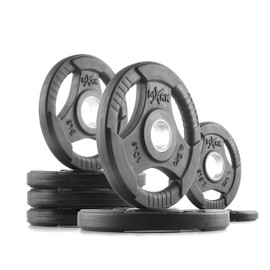 XMARK TRI-GRIP 45 lb Set of Olympic Weight Plates, Rubber Coated Exercise Weights for Olympic Barbell, Strength Training Equipment, Weight Lifting Equipment, Weight Set for Home Gym