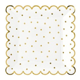Slant Collections 8-Count Disposable Dinner Size Square Scalloped Paper Plates, 9-Inch, Gold Dot