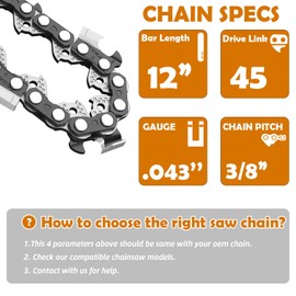3 Pack Chainsaw Chain For 12 Inch (30cm) Bar,3/8" Lp 45 Drive Links .043" Gauge, Replacement Chain Fits For Ryobi Ocs1830,Bosch Ake 30 Li,Makita, Dewalt And More (12 inches)