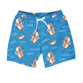 Tipsy Elves Men's Swim Trunks 7'' Inseam 4 Way Stretch Fabric Compression & Mesh Liner Swim Trunks for Men Bathing Suit, Blue Hot Dog Diver, Large