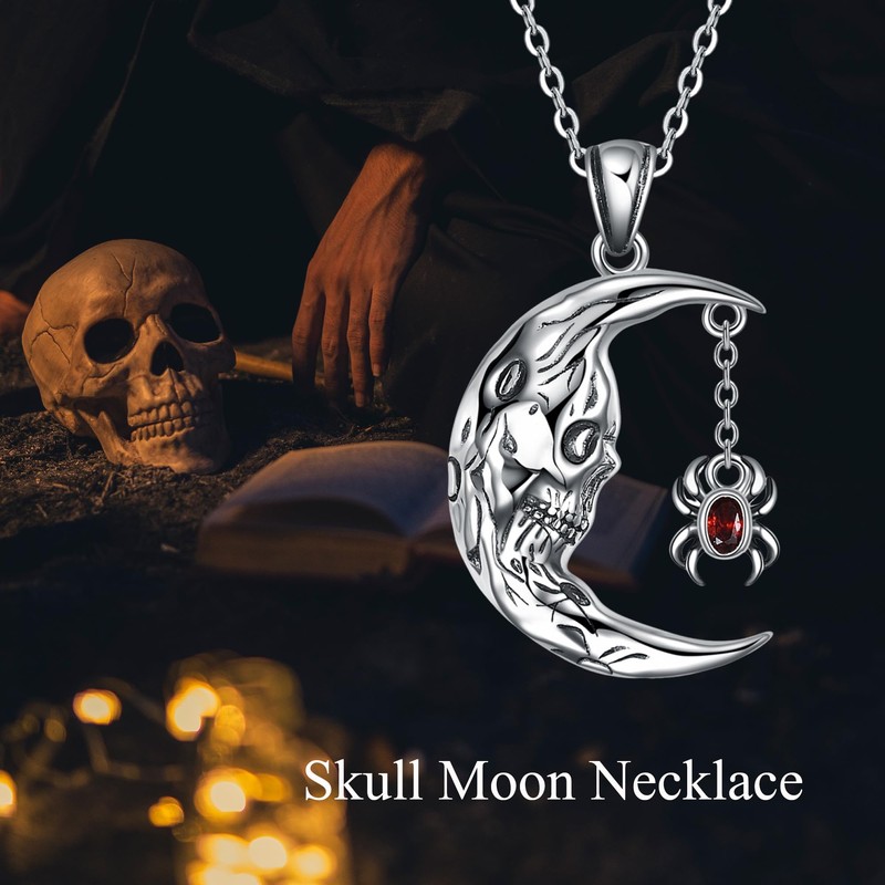 MONGAS Skull Necklace Sterling Silver Skull Moon Pendant Gothic Jewelry