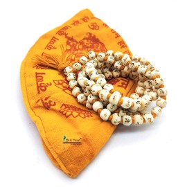 BRIJ HAAT Rosary Hare Ram Carving on white japa mala 108+1 beads necklace with Cotton Gaumukhi Jaap Bag garland