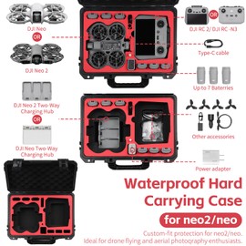 Drogear Waterproof Hard Carrying Case for DJI Neo 2/Neo 1 Fly More Combo | Holds 7 Batteries, Fits Drone, DJI RC 2/RC-N3 Remote Controller, Charging Hub & Accessories | Shockproof, Dustproof