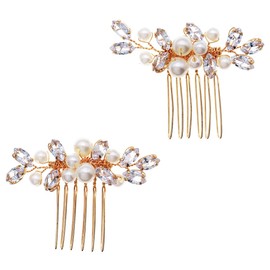 2 Piece Pearl Wedding Hair Comb Crystals Pearls Clips Bridal Hair Accessories for Women Brides Bridesmaid Gold