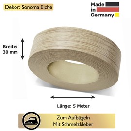 ben+camilla.com Iron-On Edging Tape, Sonoma Oak, 30 mm x 5 m, Roll, Matt, Smooth, for Professional Results, Edge Protection