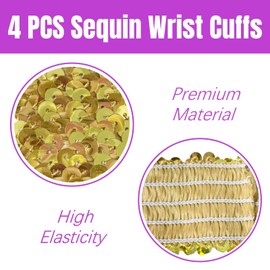 Hybursky Sequin Wrist Cuffs 4PCS Sparkly Shiny Glitter Wristbands Fancy Dress Elastic Sequin Wrist Strap for 80s Costume Party Disco Party Stage Performance Costume Decoration Accessories(Gold)
