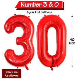 40 Inch Red 30 Number Balloons, Jumbo Foil Balloons for 30th Birthday Party Decorations Supplies / 30th Anniversary Event
