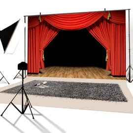 YongFoto 3 x 2 m Vinyl Stage Photo Background Red Curtain Wooden Floor Black Background for Theatre Show Party Event Photography Video Background Studio Props Wallpaper