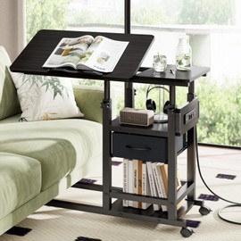 DAPOTUGI Height Adjustable Overbed Table with Wheel and Charging Station, Tiltable Desk C Shaped End Table for Couch, 2-Tier Overbed Bedside Desk with Storage Shelve for Living Room Bedroom