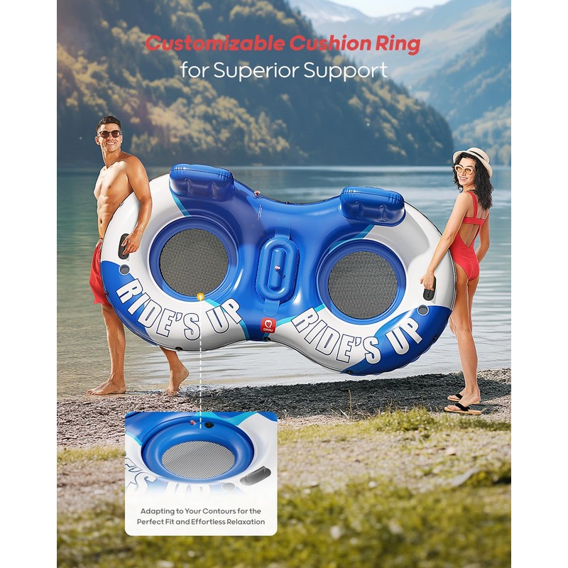 QPAU Inflatable Double River Tube, 2 Person 660lb Capacity, Puncture-Resistant