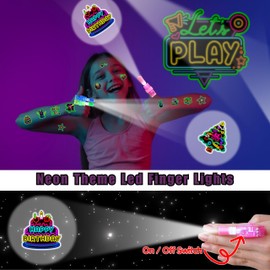 72 PCS Neon Party Favors – 48 PCS Tattoos & 24 PCS LED Finger Lights Combo – Birthday Goodie Bag Fillers, Party Supplies, Gifts Light Up Toys Glow In The Dark for Boys and Girls