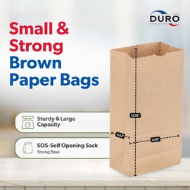 DURO Duro 6# Brown Paper Lunch Bags 500 Count - Bulk Disposable Paper Sacks, Dubl Life SOS Brown Bag for Candy, Snacks & Treats - 6.00 x3.62 x 11.06 Inches
