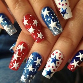 Independence Day Press on Nails Medium Square Fake Nails Star False Nails Red Blue White Acrylic Nails Full Cover Stick on Nails Holiday Glue on Nails 4 of July Nails Press Ons for Women 24Pcs