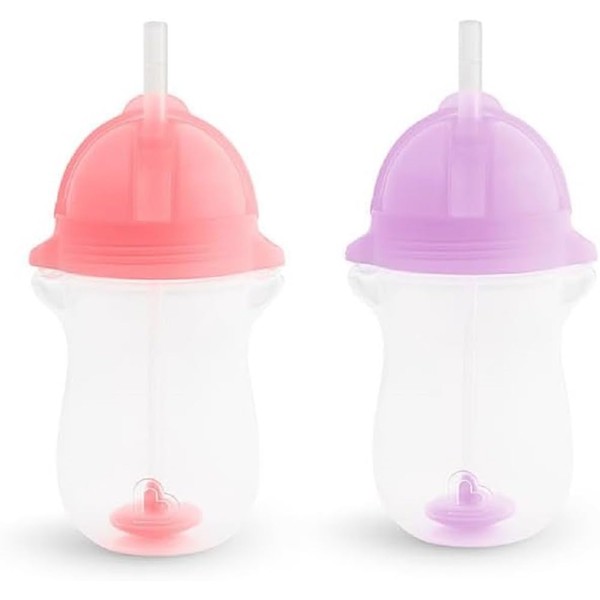 Munchkin Click Lock Tip & Sip Straw Cup Set, Baby Toddler Sippy Cups with Straw, BPA Free Leakproof Cup, Dishwasher Safe Baby Cup Weighted Straw Childrens Baby Bottles -10oz/296ml, 2 pack,Pink/Purple