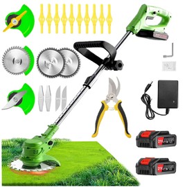 21V Cordless Weed Wacker Electric String Trimmer/Edger, 2.0Ah Battery and Charger Included, Brush Cutter Lawn Mower with 3 Types of Blades, for Lawn, Yard and Bush Trimming