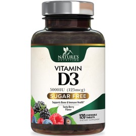 Vitamin D3 5000 IU (125 mcg) Per Serving - Extra Strength Vitamin D Chewable for Immune Support Health - Bone, Teeth and Muscle Supplements - Sugar Free, Gluten Free, USA Bottled - 120 Count Tablets