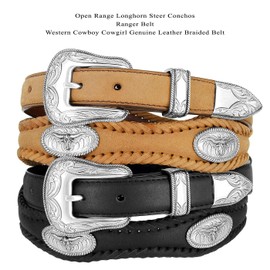 Open Range Longhorn Steer Conchos Ranger Belt Western Cowboy Cowgirl Genuine Leather Braided Belt, Size Up to 60" (Black, 34)