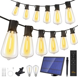 Ollny 50+2 LEDs ST38 Solar String Lights, 100 FT USB & Solar Dual Charging Outdoor String Lights, 3 Modes 5 Timers 10 Brightness 2200K Waterproof Patio Lights for Porch Garden Market Bistro Camping