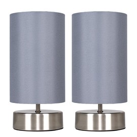 Pair of - Modern Brushed Chrome Touch Dimmer Bedside Table Lamps with Grey Cylinder Light Shades