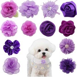 Xinghonyac 12Pcs Detachable Pet Collar Flower Bow Embellishment for Small & Medium Dogs, Cats – Perfect for Weddings, Birthdays, Grooming & Party Accessories (Purple)