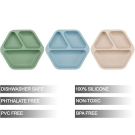 PandaEar 3 Pack Toddler Plates, Hexagon Divided Suction Plates for Baby, 100% Food Grade Silicone Baby Plates, Non-Slip, Baby Led Weaning Supplies, Microwave & Dishwasher Safe