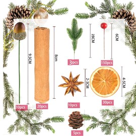 225 Pcs Christmas Wreath Making Supplies, Dried Orange Slices Cinnamon Sticks and star anise, Artificial Berries Artificial Green Pine Needles Branches for Christmas Wreath Craft Party Decor