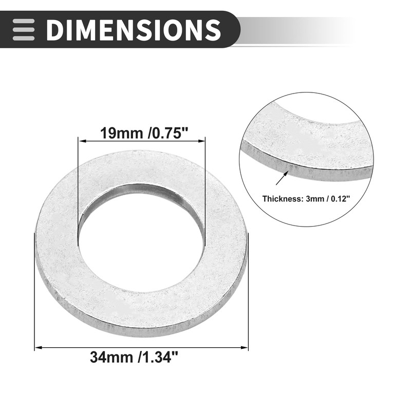 Motoforti Universal Flat Washer, 19mm ID 34mm OD 3mm Thickness,