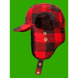 WILDERNESS WOOLIES North Woods Hat Ear-Flaps Red-Black Wool Buffalo Plaid Lumberjack SMALL - S