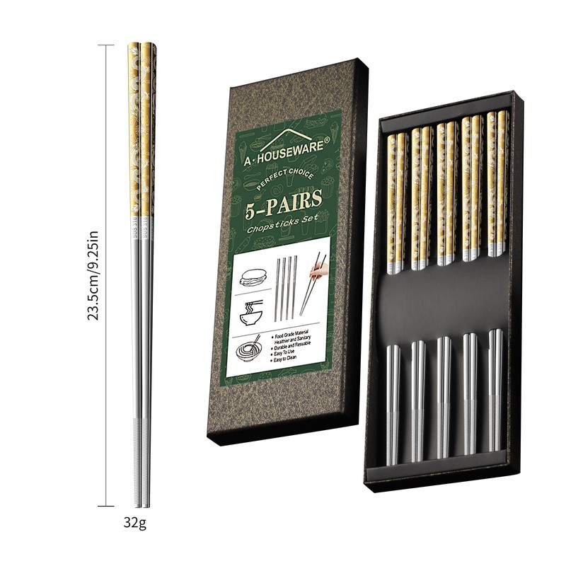 A · HOUSEWARE 5 Pairs Gold Dragon Chopsticks Set Stainless