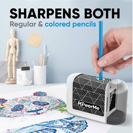 POWERME Sacapuntas eléctrico – Sacapuntas alimentado por batería para niños, escuela, hogar, oficina, aula, artistas, funciona con pilas para lápices de colores, ideal para el número 2 (blanco)