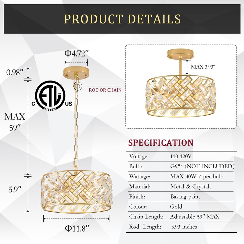 CATINER Modern Gold Crystal Chandeliers, Small Semi Flush Mount Chandelier