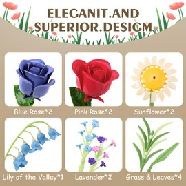 Nenjindz Flowers Bouquet Building Set with Vase 787 PCS Botanical Building Blocks Toy Botanical Collection Artificial Roses Flower Sunflower Seasonal Blooms Home Decor Mother's Day Birthday Gifts