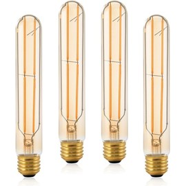 Dimmable T10 Long Light Bulb,E26 Base Amber Vintage Edison Bulb,Warm 2200K,Tubular Filament Bulb for Rustic Pendant,Industrial Wall sconces Bulbs,7.3in(185mm),4-Pack