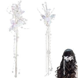CABODYALS 2Pcs Butterfly Tassel Hair Clips White Pearl Rhinestone Crystal Bead Decorative Wedding Hair Pins Barrettes Jewelry Set for Women Bridal Party Bride Dresses Cosplay Headdress Accessories