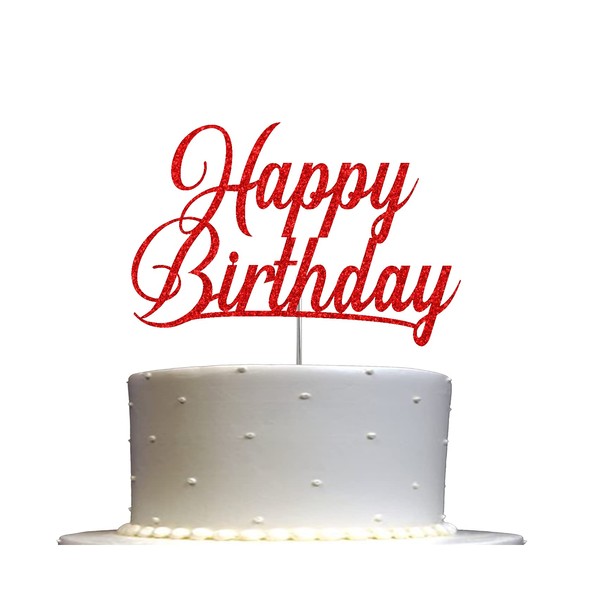 Decoración para tartas con purpurina de feliz cumpleaños, ideas para decoración de fiesta de cumpleaños, decoración de alta calidad, resistente purpurina de doble cara, palo de acrílico. Fabricado en Estados Unidos (rojo)